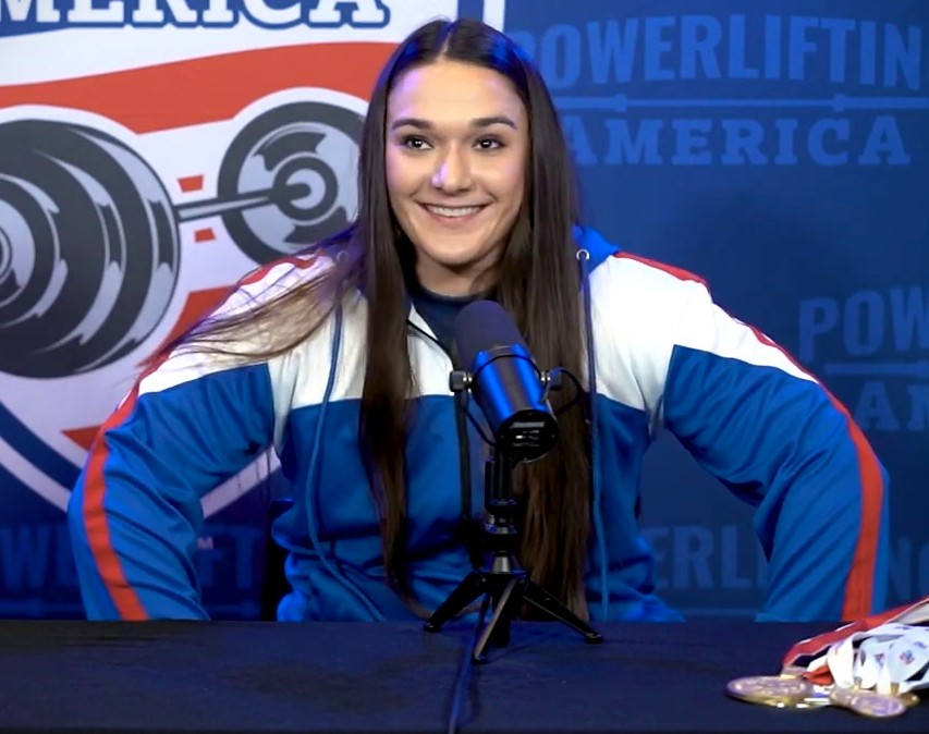 Amanda Lawrence speaking with Powerlifting America
